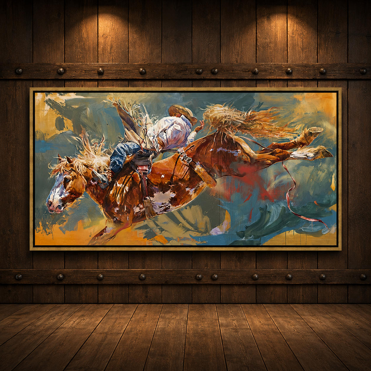 Colorful canvas art featuring cowboy bronc rider, framed on rustic gallery wall. American made