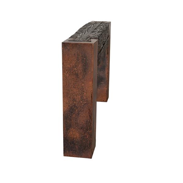 copper leg detail on entry console table