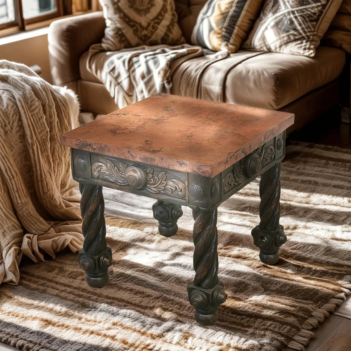 Copper top hand carved end table - Your Western Decor
