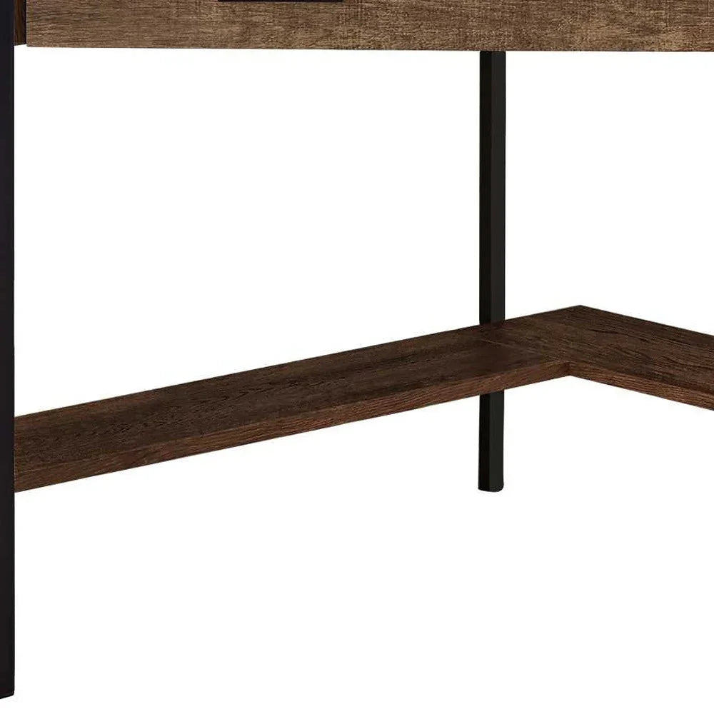 Wooden corner desk with dark brown finish and black metal legs on a white background - Your Western Decor