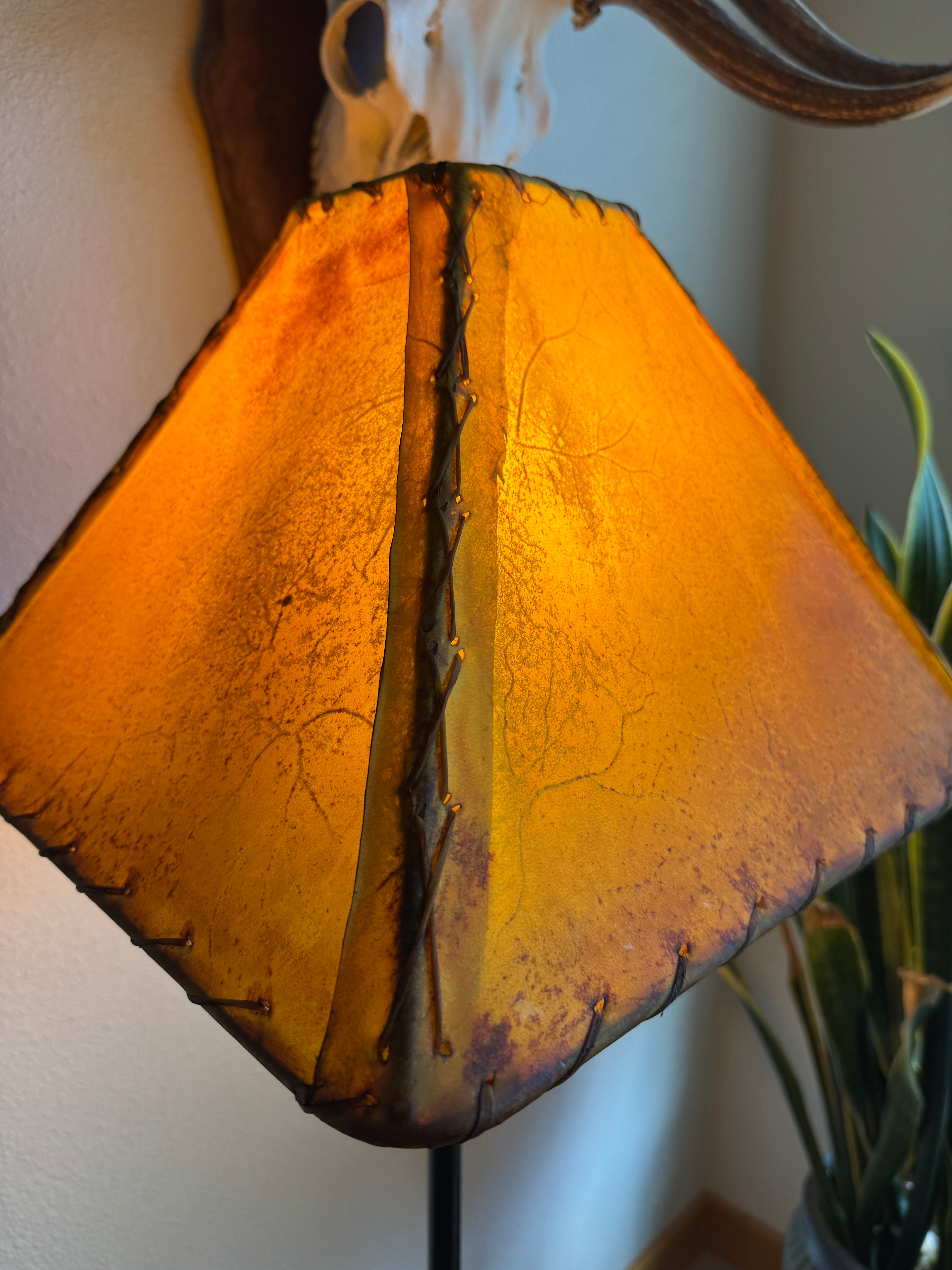 Corner detail on buckskin rawhide lamp shade