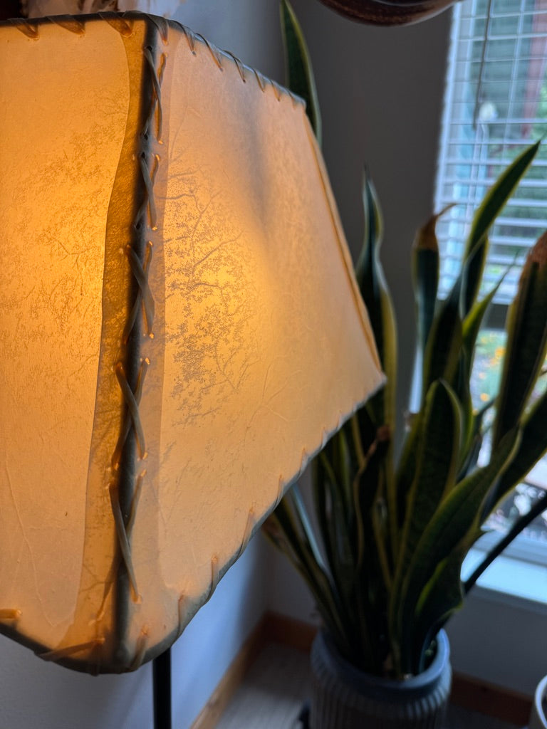 Corner detail of rectangle natural rawhide lamp shade