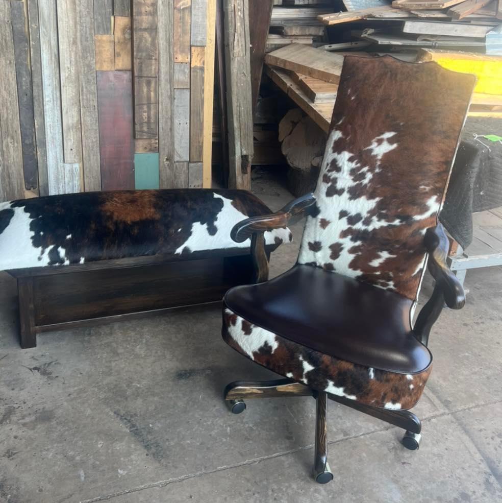 Cowhide leather office chair with matching cowhide boot bench - Your Western Decor