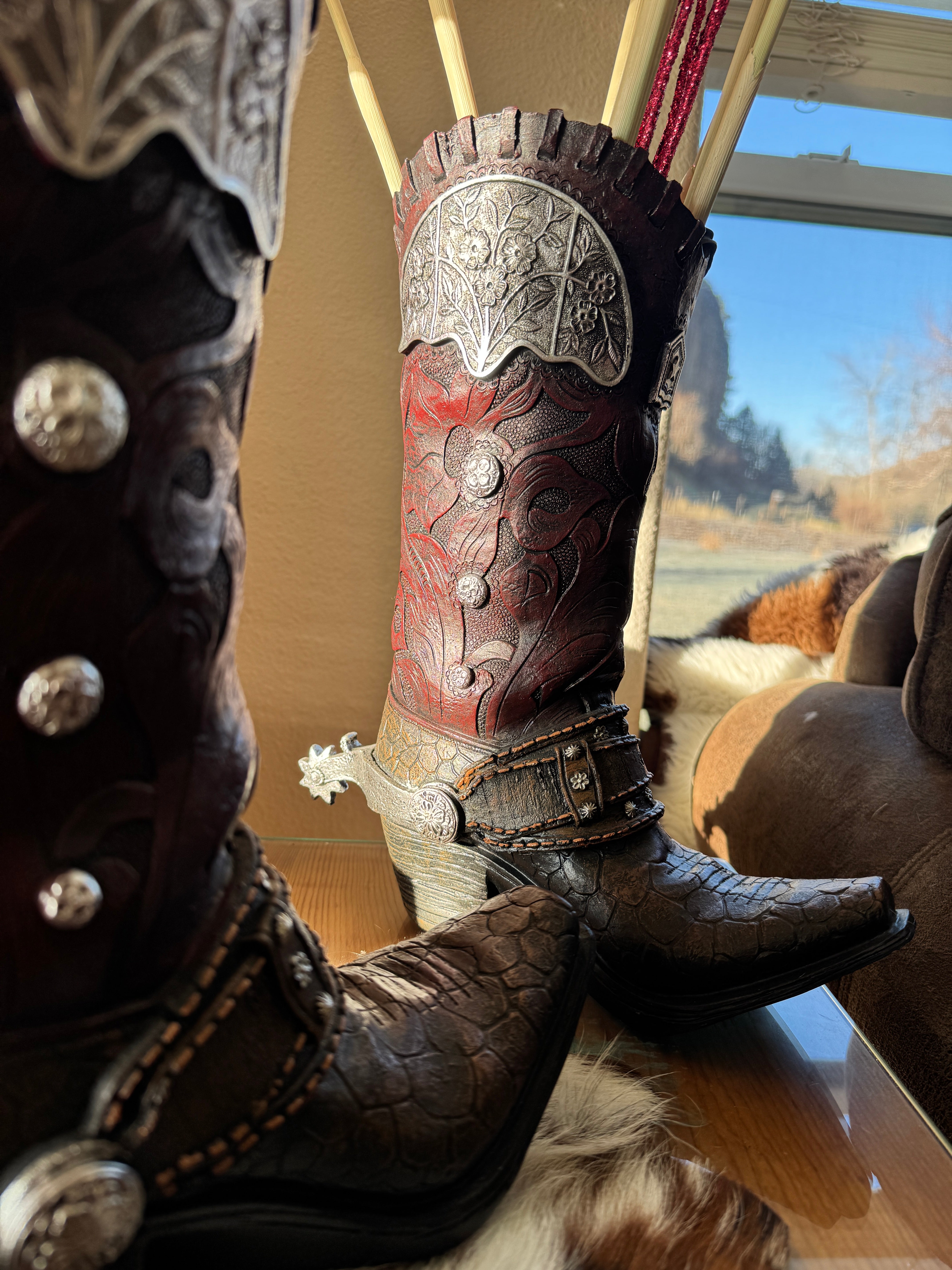 Realistic western cowboy boots made of resin for a vase