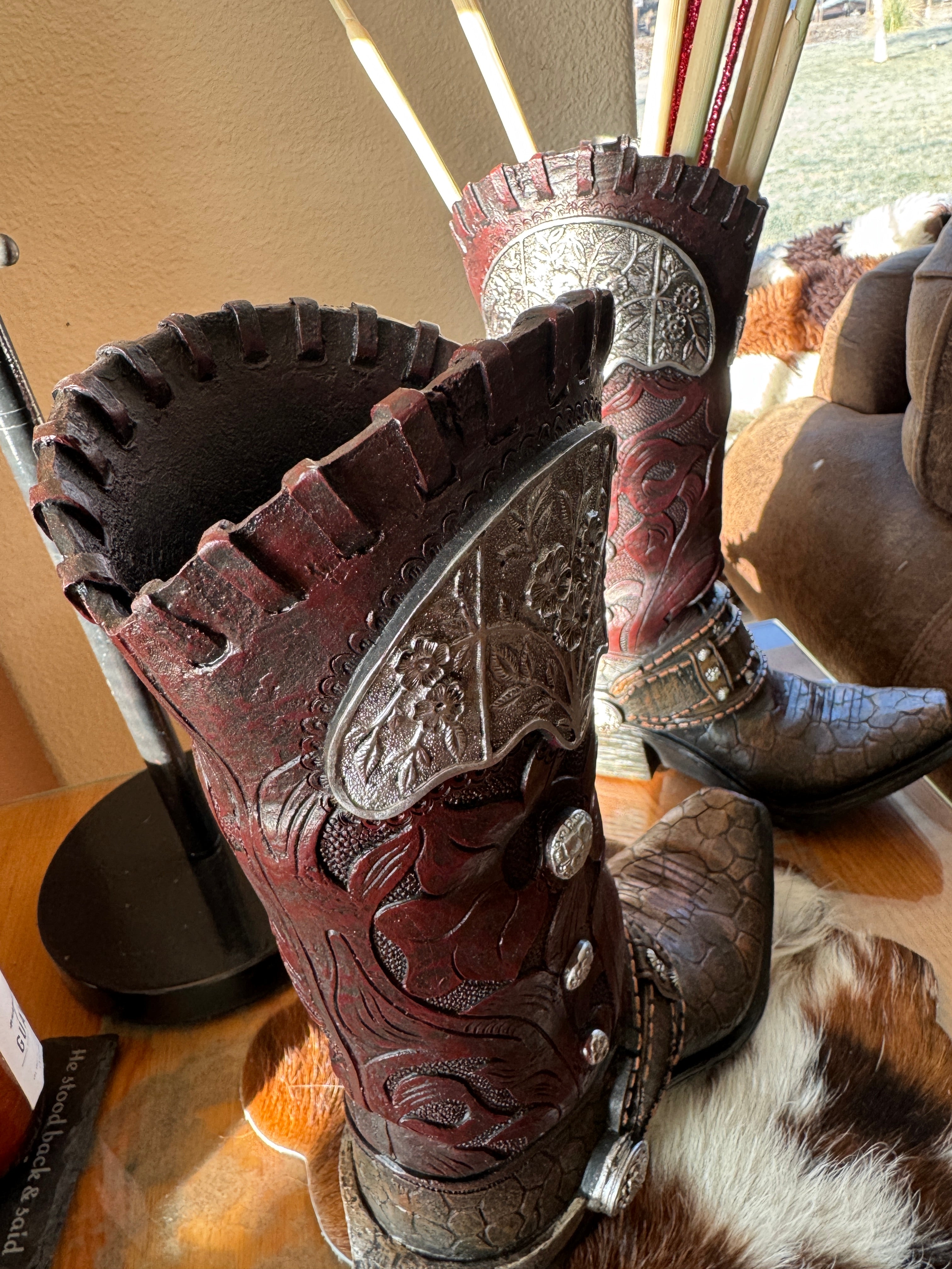 View of the top of resin cowboy boot vase