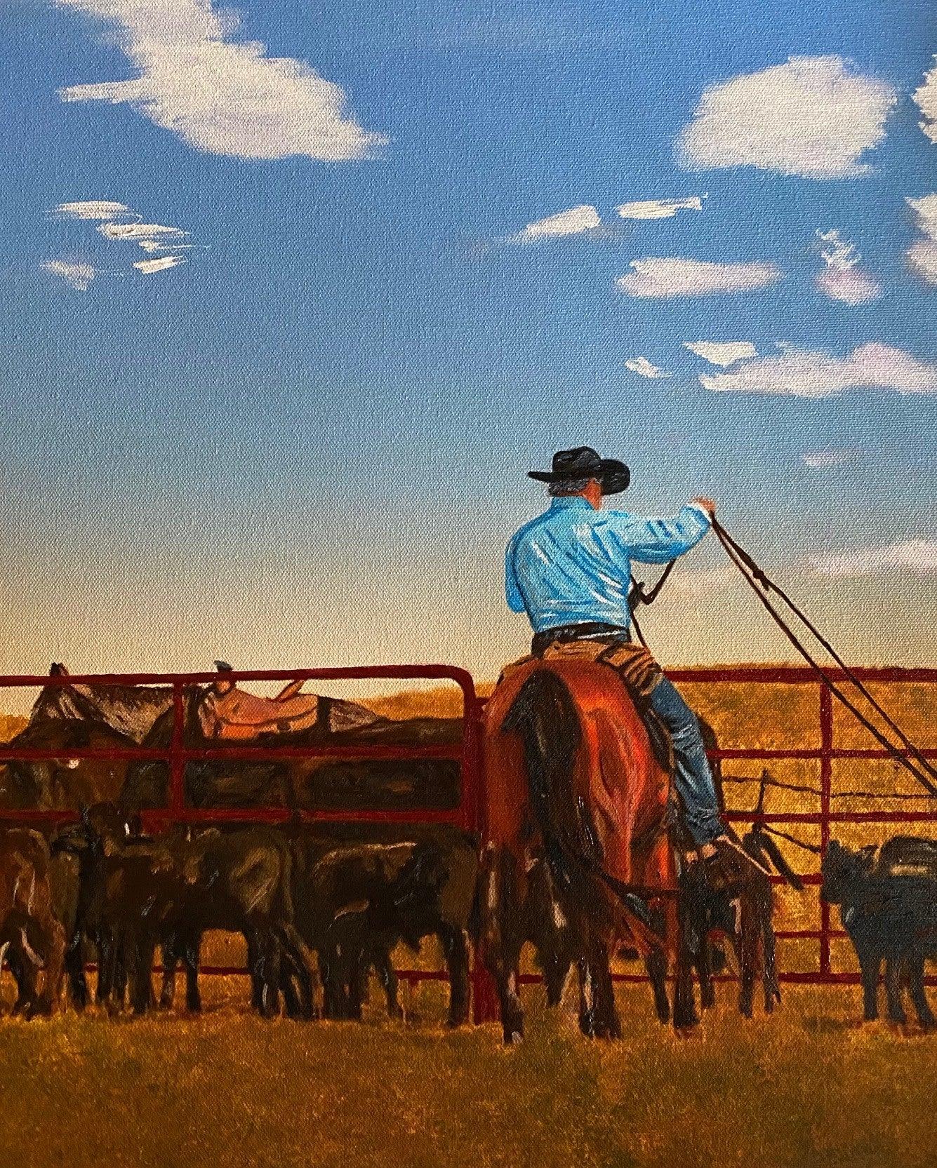 Cowboy on horseback with a herd of cattle in a field under a blue sky with clouds. Art by Sherri Alexander - Your Western Decor