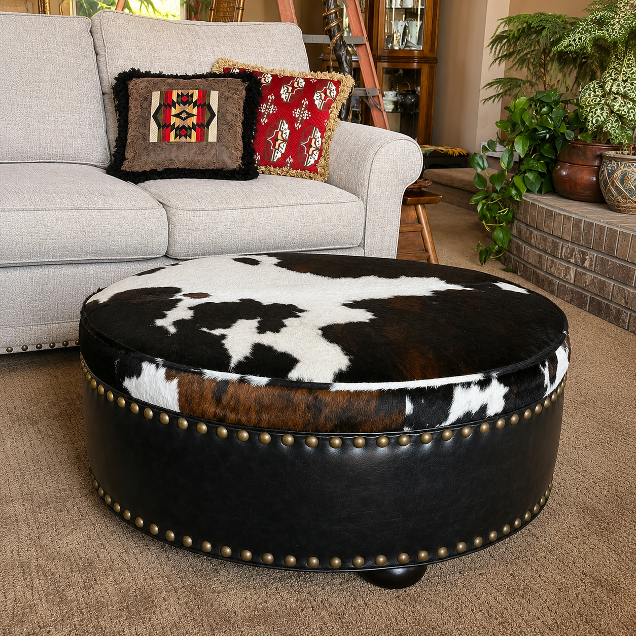 Luxury western living room featuring a tri-color cowhide cocktail ottoman with black leather trim and rustic ranch furnishings.