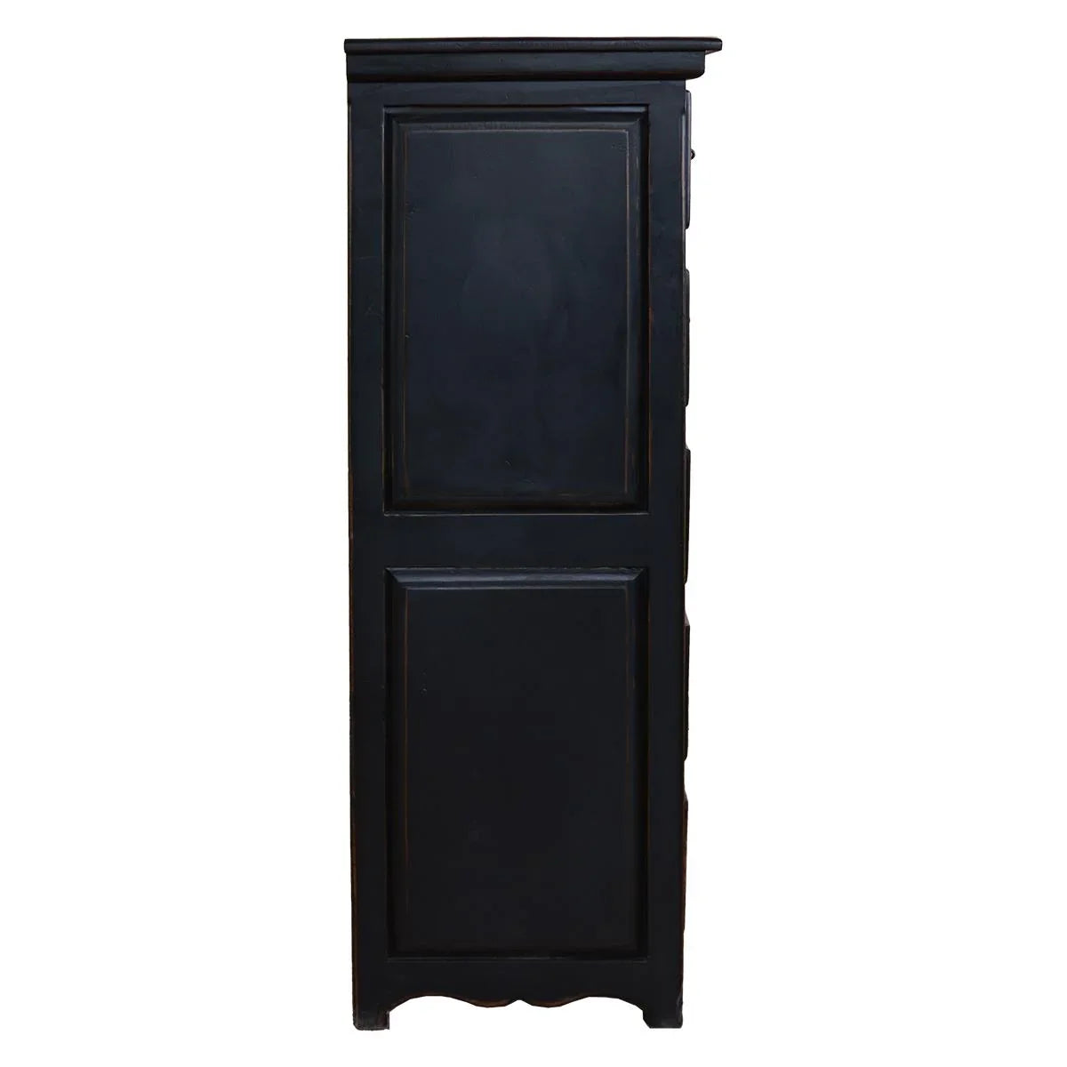 Distressed ebony 4 drawer dresser with brindle cowhide upholstered top drawer side view - Your Western Decor