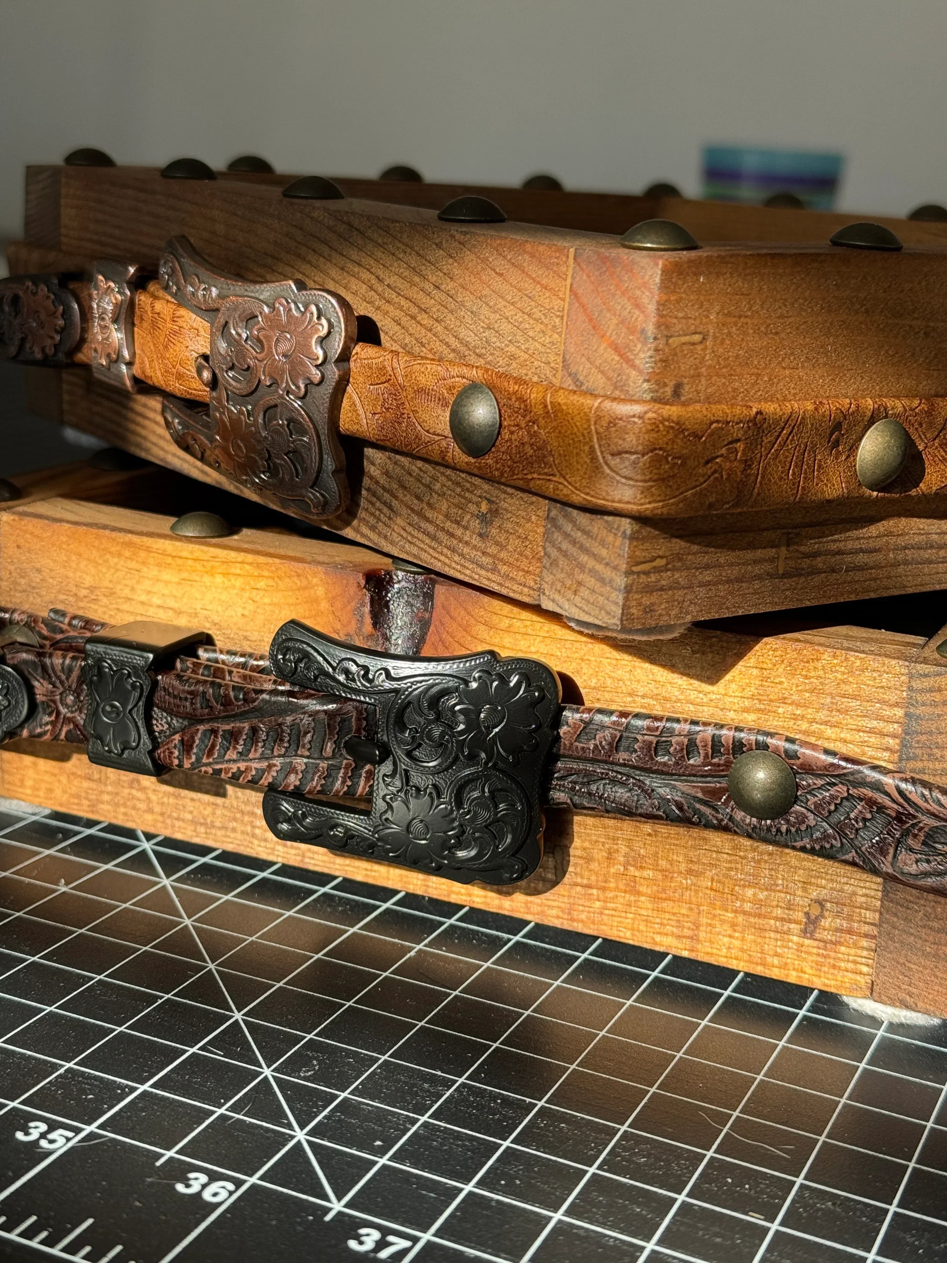 Handmade box and belts for holding/displaying cowhide coasters - Handmade in Oregon - Your Western Decor