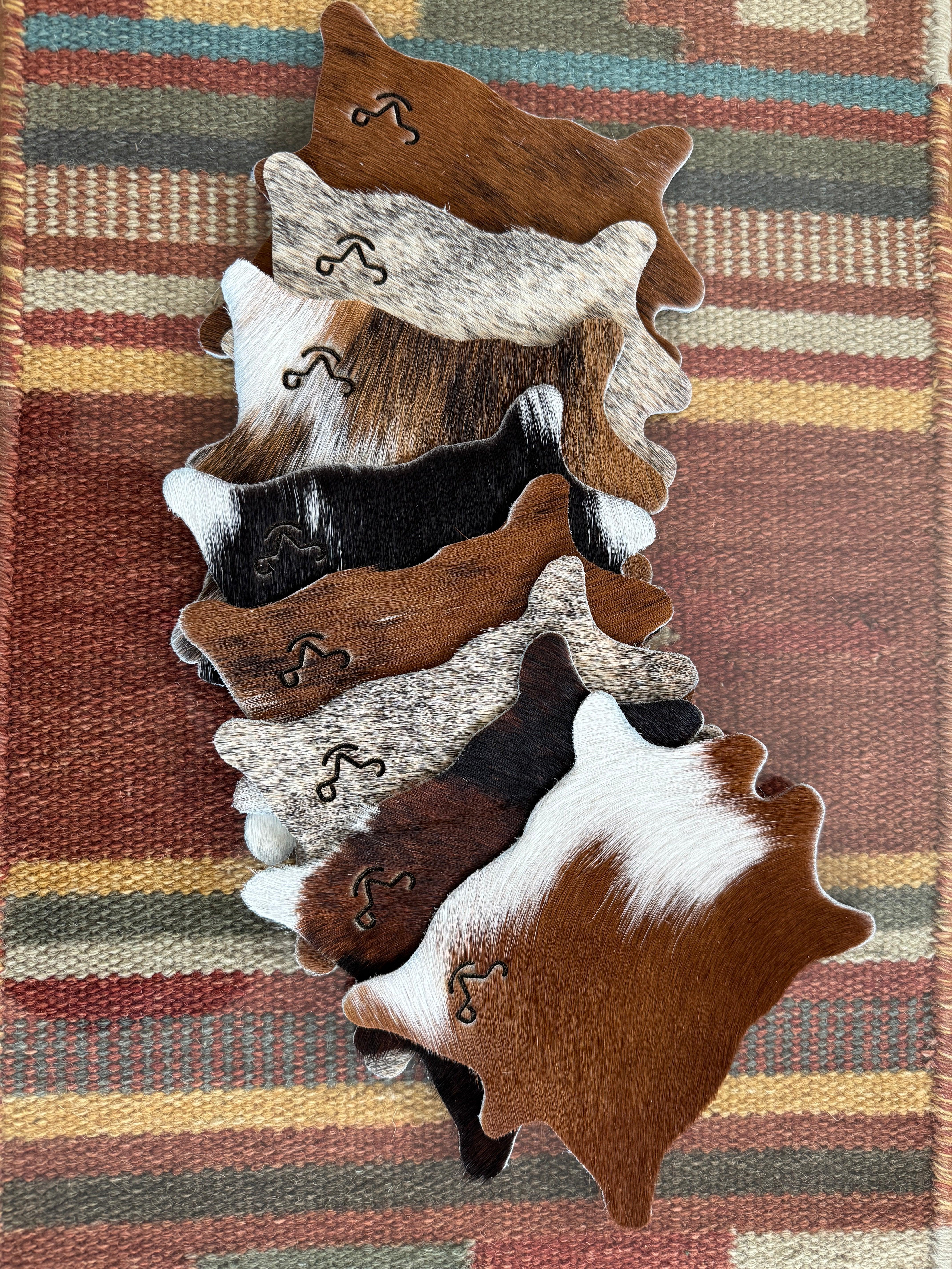 laser branded cowhide coaster set - Your Miscellaneous color cowhide coasters with laser ranch brands - Your Western Decor