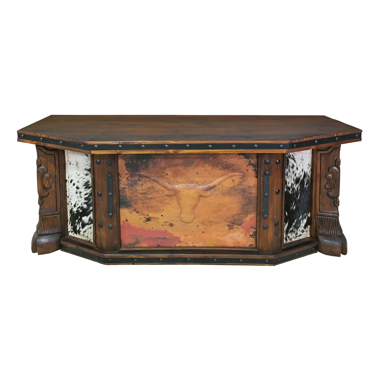 Longhorn copper panel and cowhide western desk - Your Western Decor