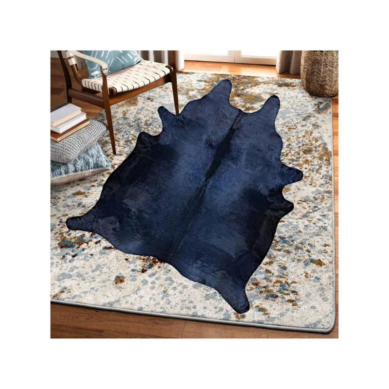 navy blue cowhide rug over denim splatter cowhide print area rug - Your Western Decor
