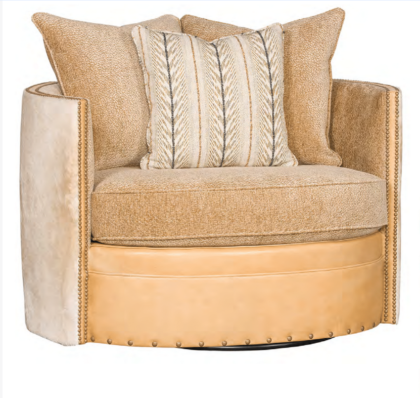 Luxury modern western swivel chair with ivory cowhide, beige leather, and chenille fabric with 3 pillows