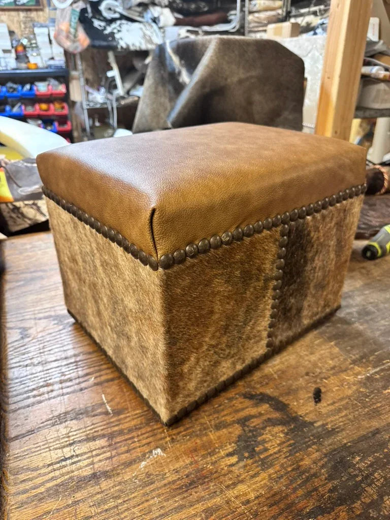 Custom made cowhide ottoman with smooth leather top - Your Western Decor