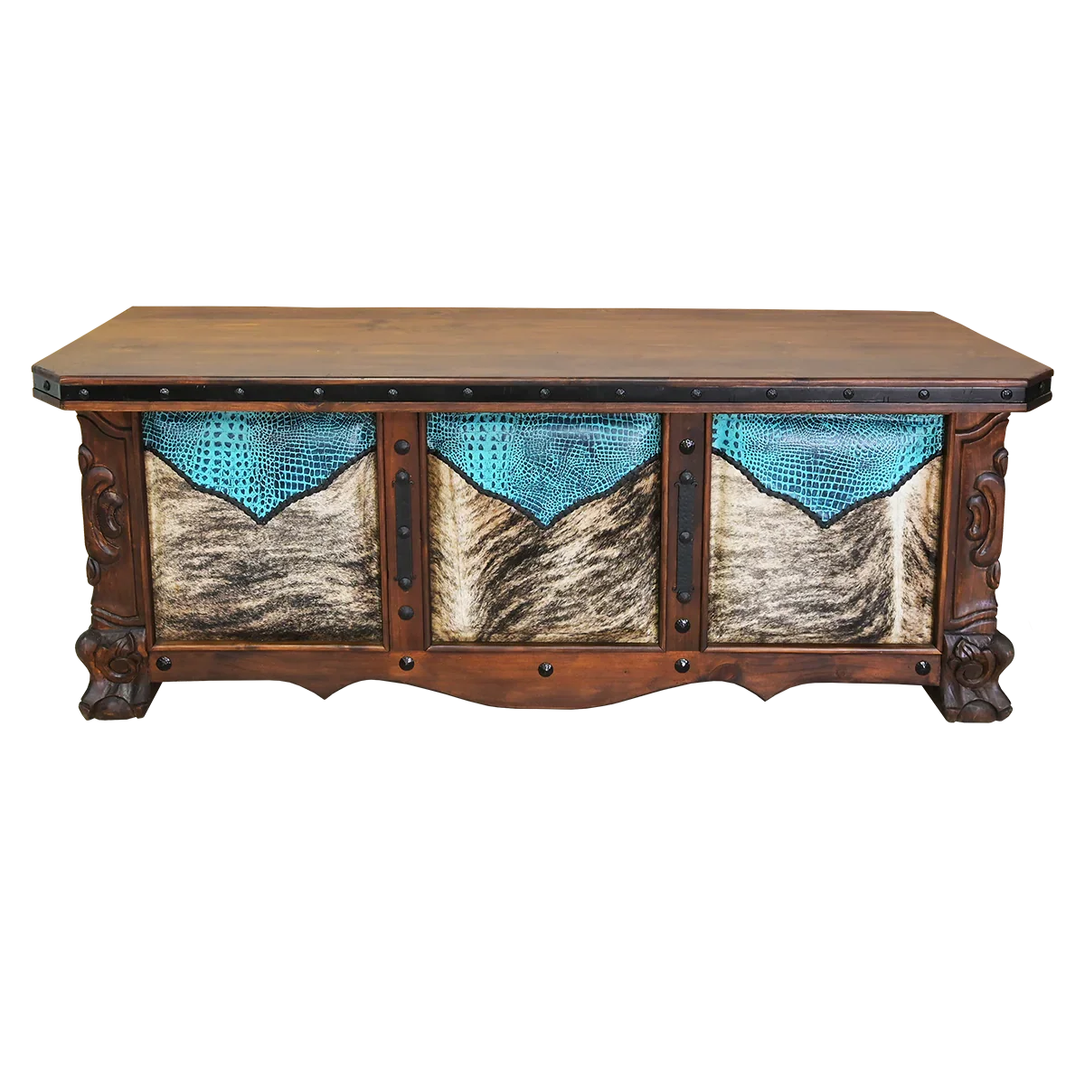 Carved western desk with cowhide and leather upholstery handmade in Mexico - Your Western Decor