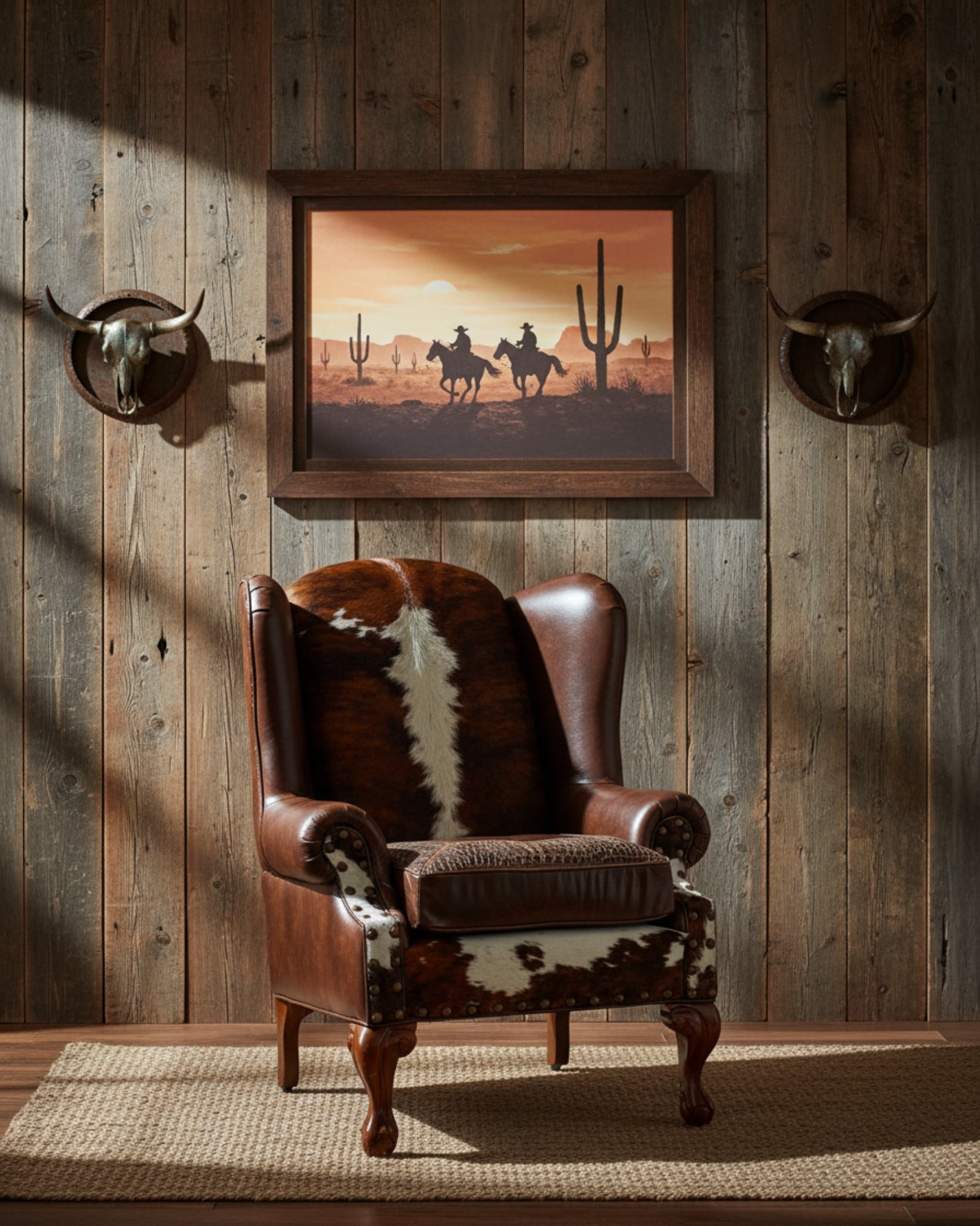 Brown leather armchair with cowhide pattern in front of a wooden wall with a framed Western scene art - Your Western Decor