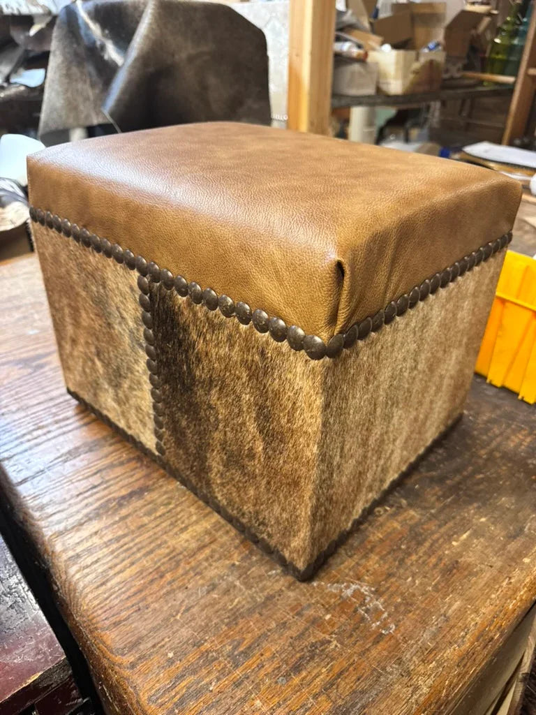 Custom made cowhide ottoman with smooth leather top - Your Western Decor