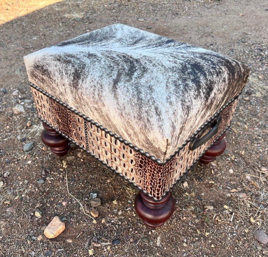 cowhide ottoman with exotic croc embossed leather panels