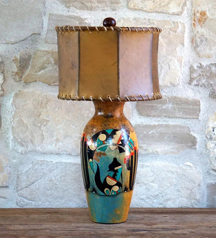 Coyote Hand Painted Southwestern Table Lamp with genuine rawhide drum lamp shade - Your Western Decor