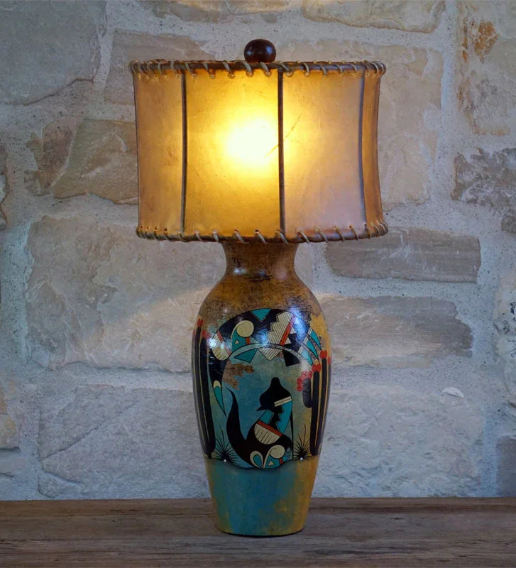 Coyote Hand Painted Southwestern Table Lamp with genuine rawhide drum lamp shade - Your Western Decor