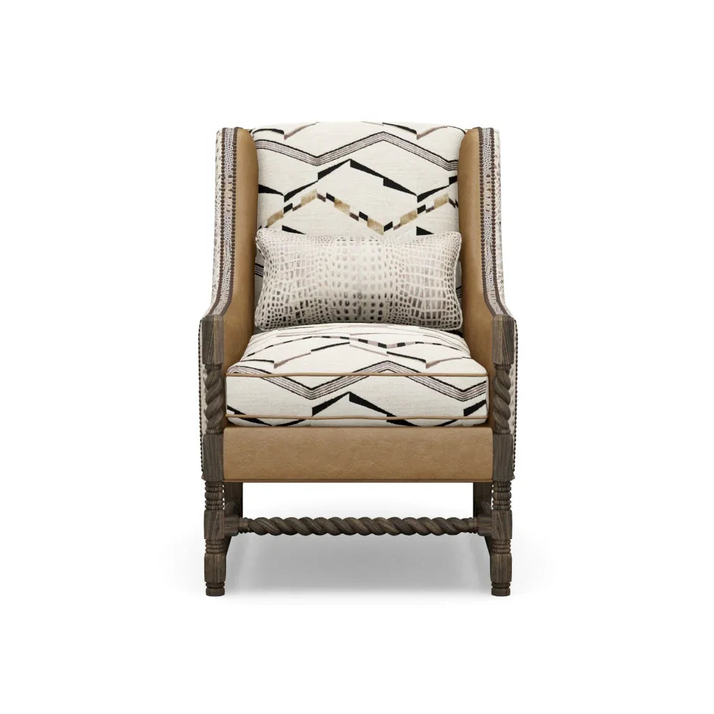 Chair with geometric patterned cushion on a white background