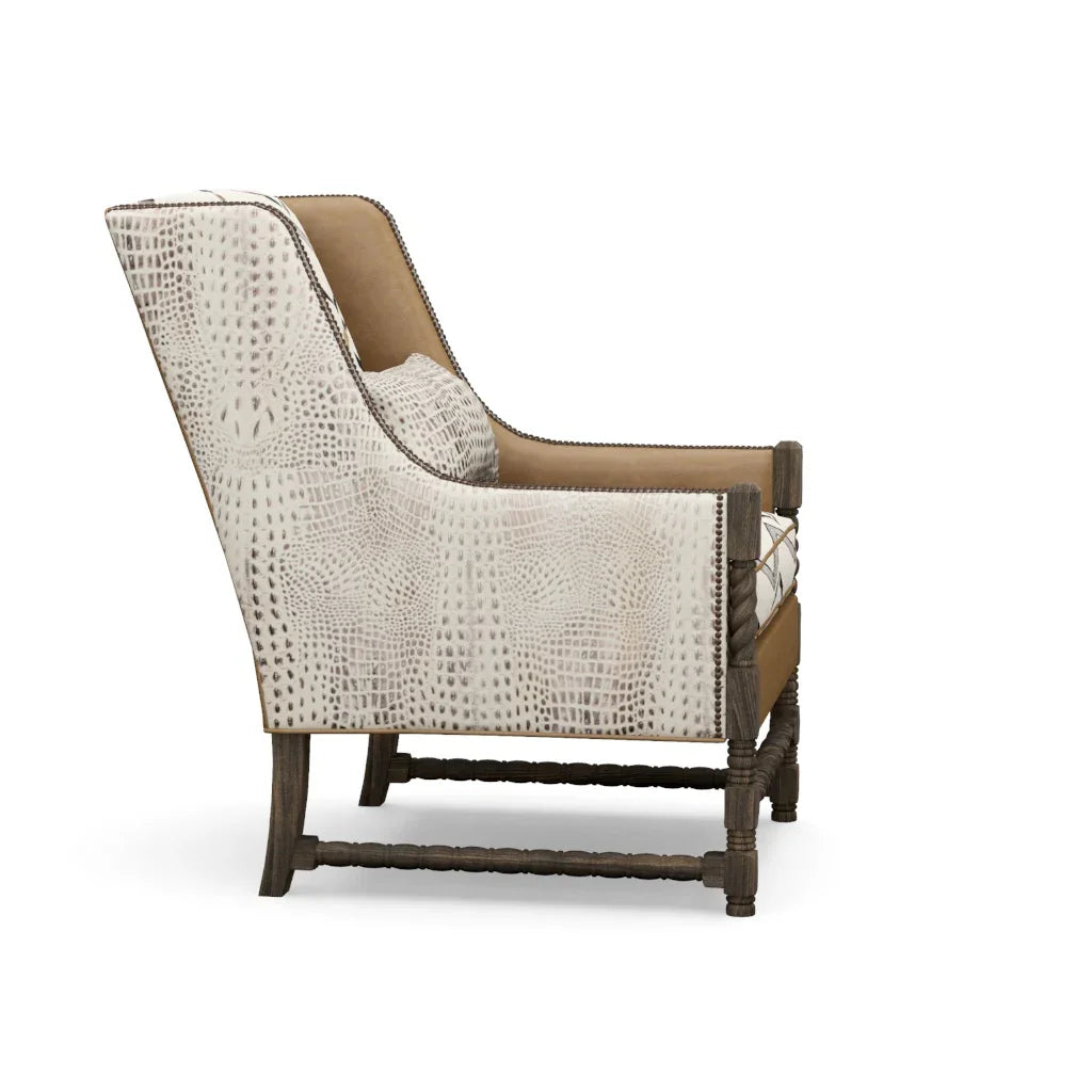 Chair with textured beige backrest and brown frame on a white background