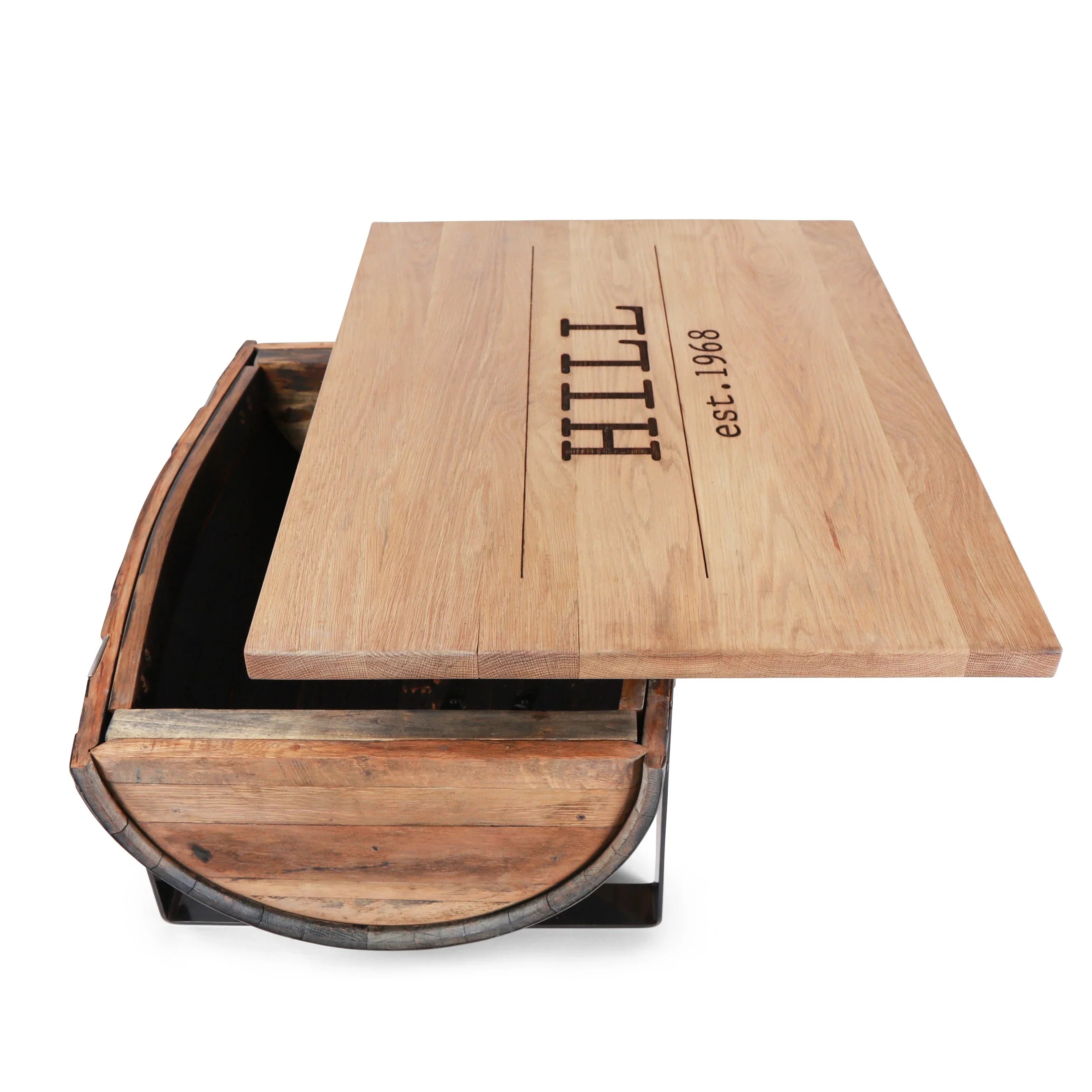 Rickhouse Whiskey Barrel Coffee Table handmade in Michigan USA - Raisable top with storage - Your Western Decor
