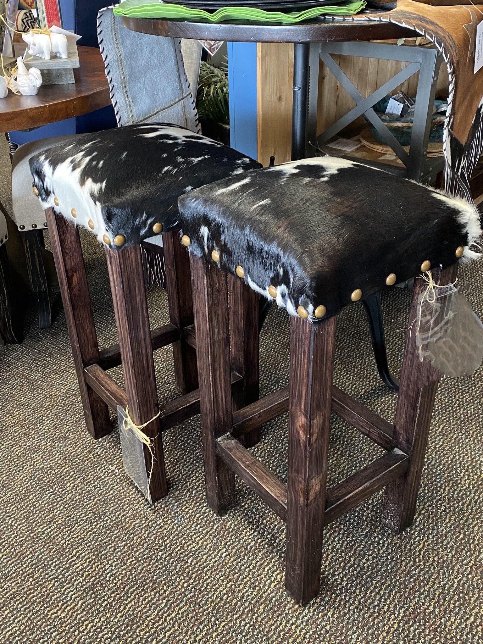 Custom Brisbane barstools with tri color cowhide upholstery