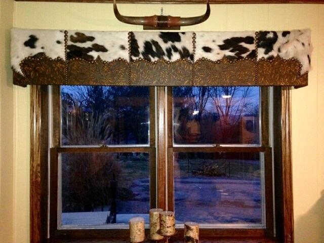 American made Custom Western Window Cornice with embossed leather and black and white cowhide - Your Western Decor