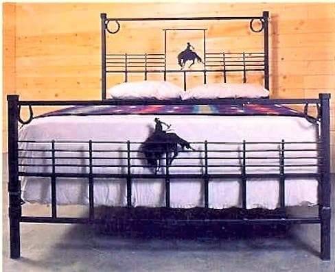 custom cowboy bed frame hand forged western iron bed with bronc design USA made rustic ranch bedroom furniture