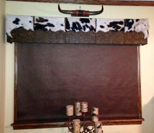 American made Custom Western Window Cornices with black and white cowhide and embossed brown leather - Your Western Decor