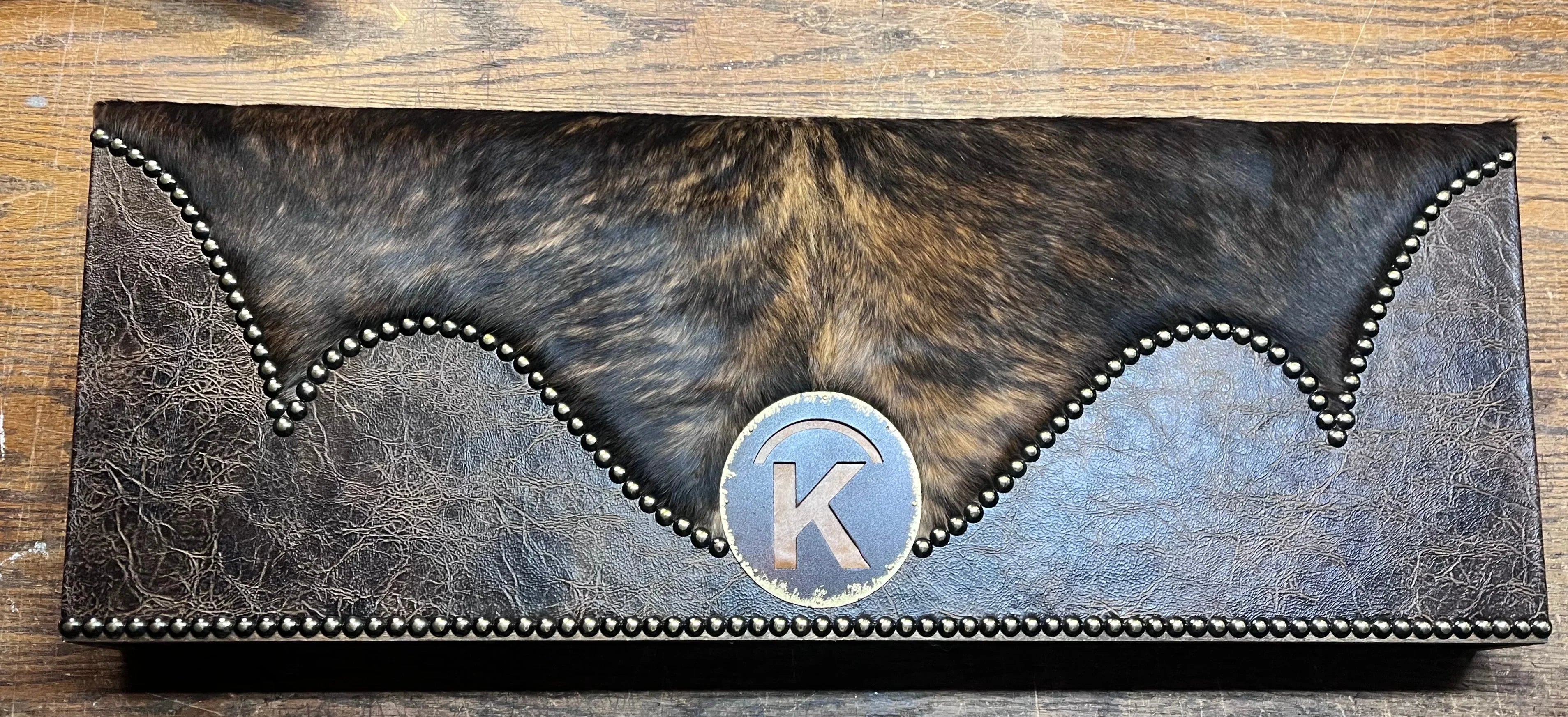 American made Custom Western Window Cornices with custom brand in distressed leather and brindle cowhide - Your Western Decor