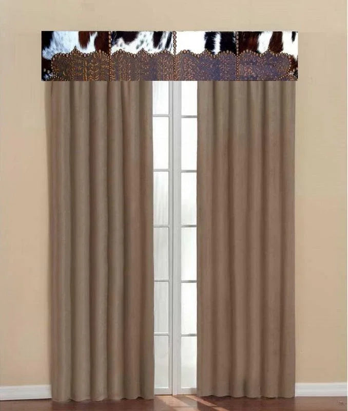 American made Custom Western Window Cornice in cowhide and embossed leather - Your Western Decor