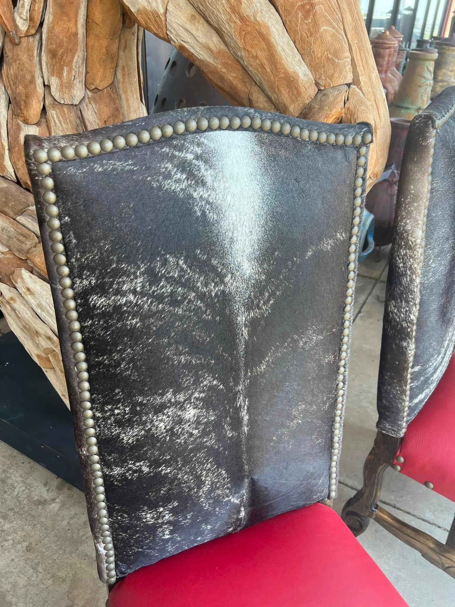 Western Dining Chair in Leather & Cowhide in red leather seat and grey brindle cowhide back - hand crafted in the USA - Your Western Decor