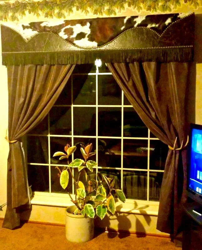 American made Custom Western Window Cornices in distressed leather, tri color cowhide and leather fringe - Your Western Decor