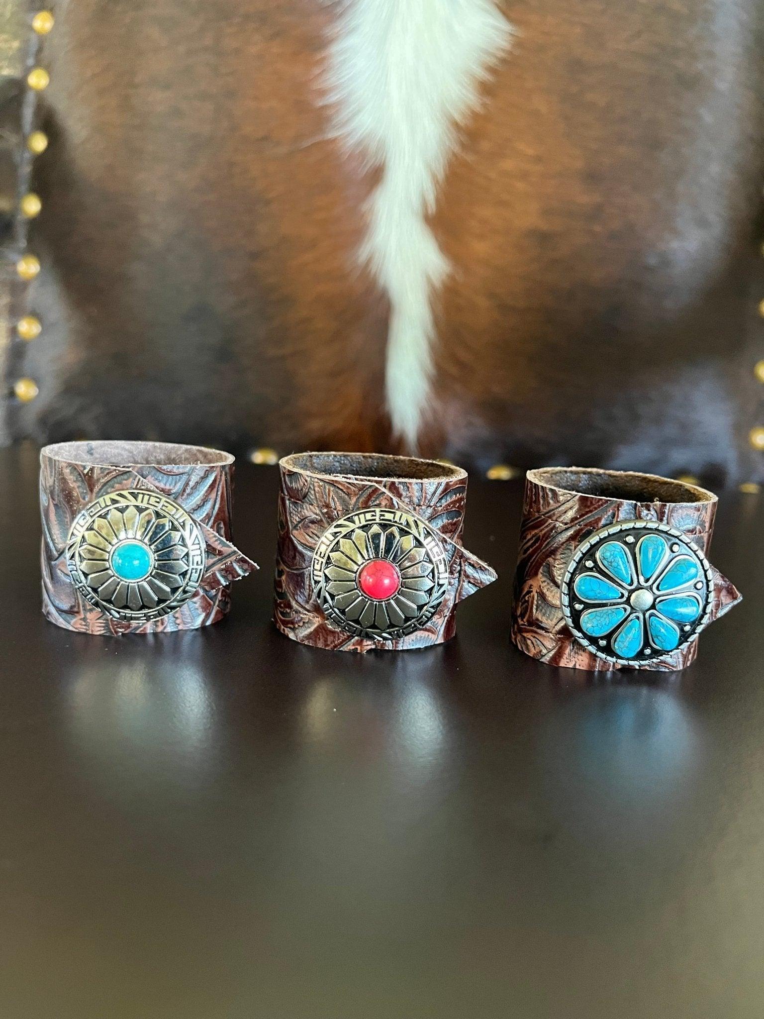 Dallas Tooled Leather Napkin Rings with Flower Color Conchos - Handmade by Your Western Decor