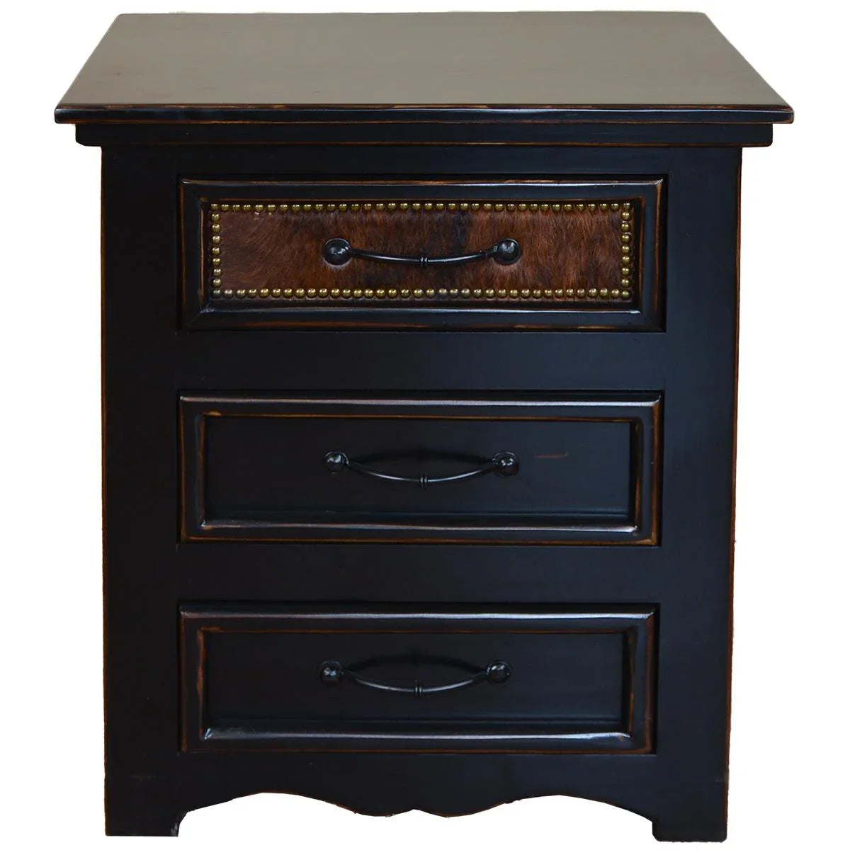 Distressed black nightstand with 3 drawers top drawer in brindle cowhide, iron hardware - Your Western Decor