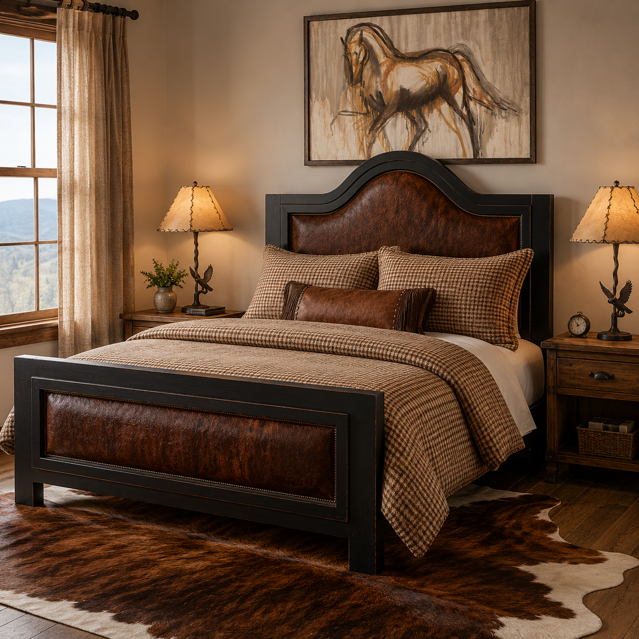 Brindle cowhide western bed with ebony distressed wood frame and genuine hair-on-hide upholstered panels in a luxury ranch bedroom with The Dance Canvas Horse Art, Eagles Landing lamps, and cowhide rug