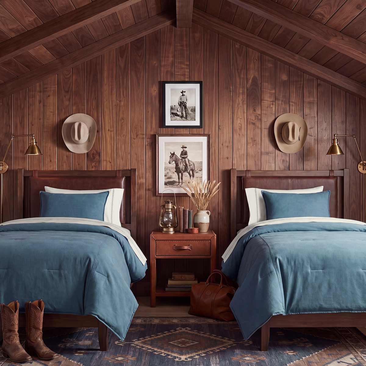 A rustic bedroom set featuring two twin beds with denim blue cotton comforters and off-white sheets, set against a dark wood-paneled wall with framed western art, cowboy hats, and brass wall sconces.