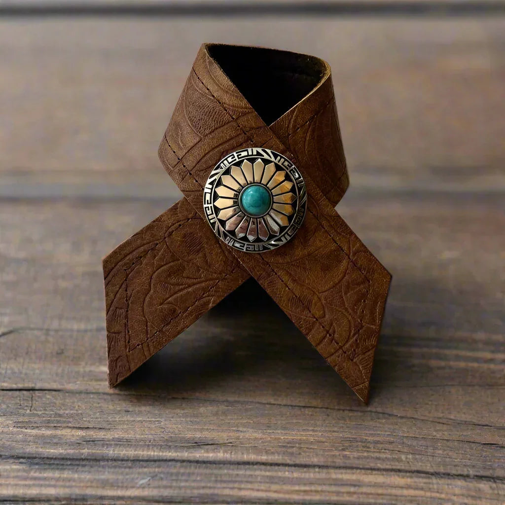 Embossed brown Denver leather napkin ring, handmade in Oregon - Your Western Decor