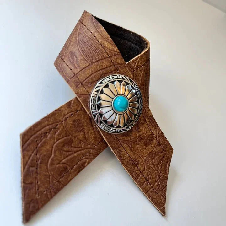 Handmade brown Denver Leather Napkin Ring with silver and turquoise concho, made in Oregon - Your Western Decor