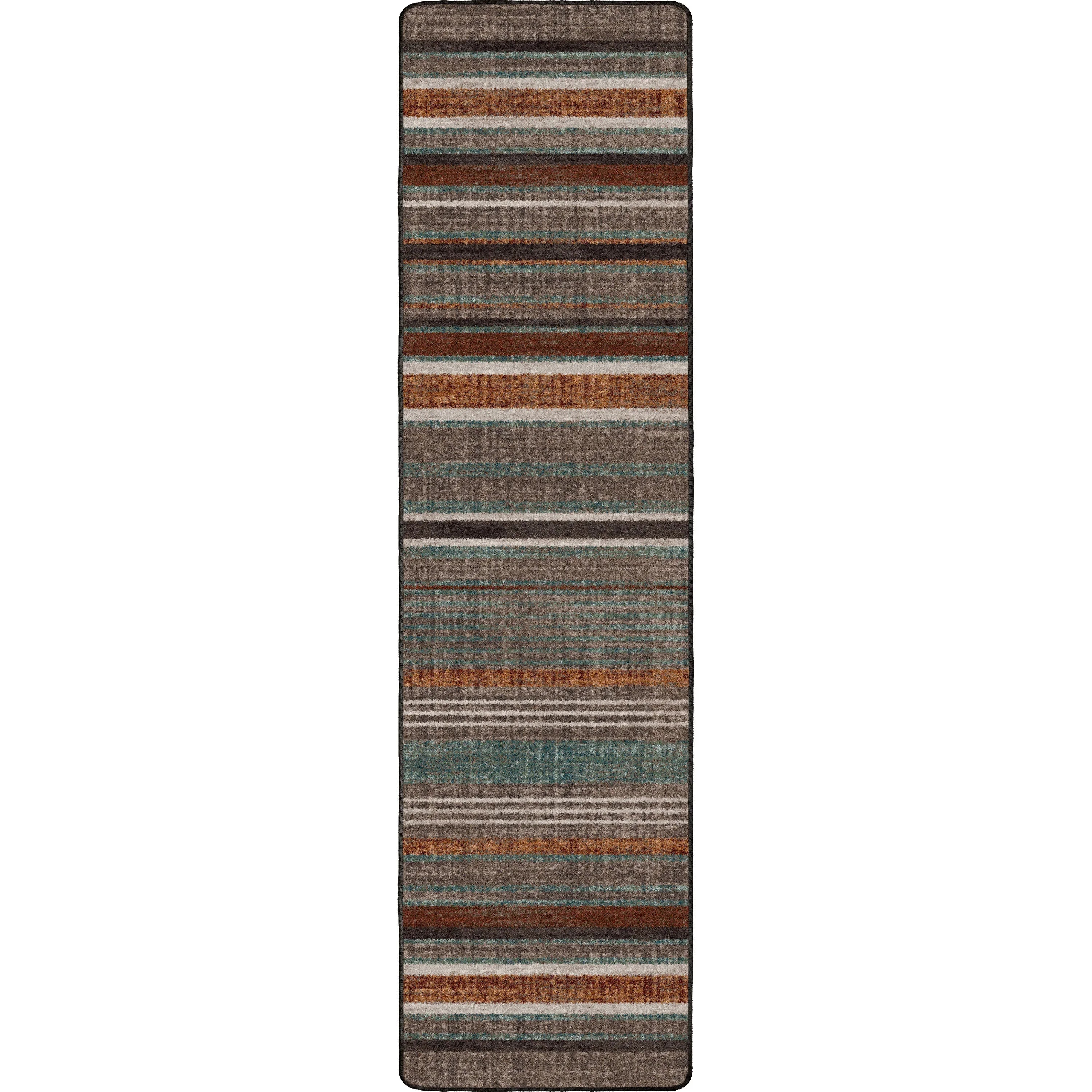 American made Desert Hues Floor Runner in stripes of browns, white, green, grey, and terra cotta - Your Western Decor