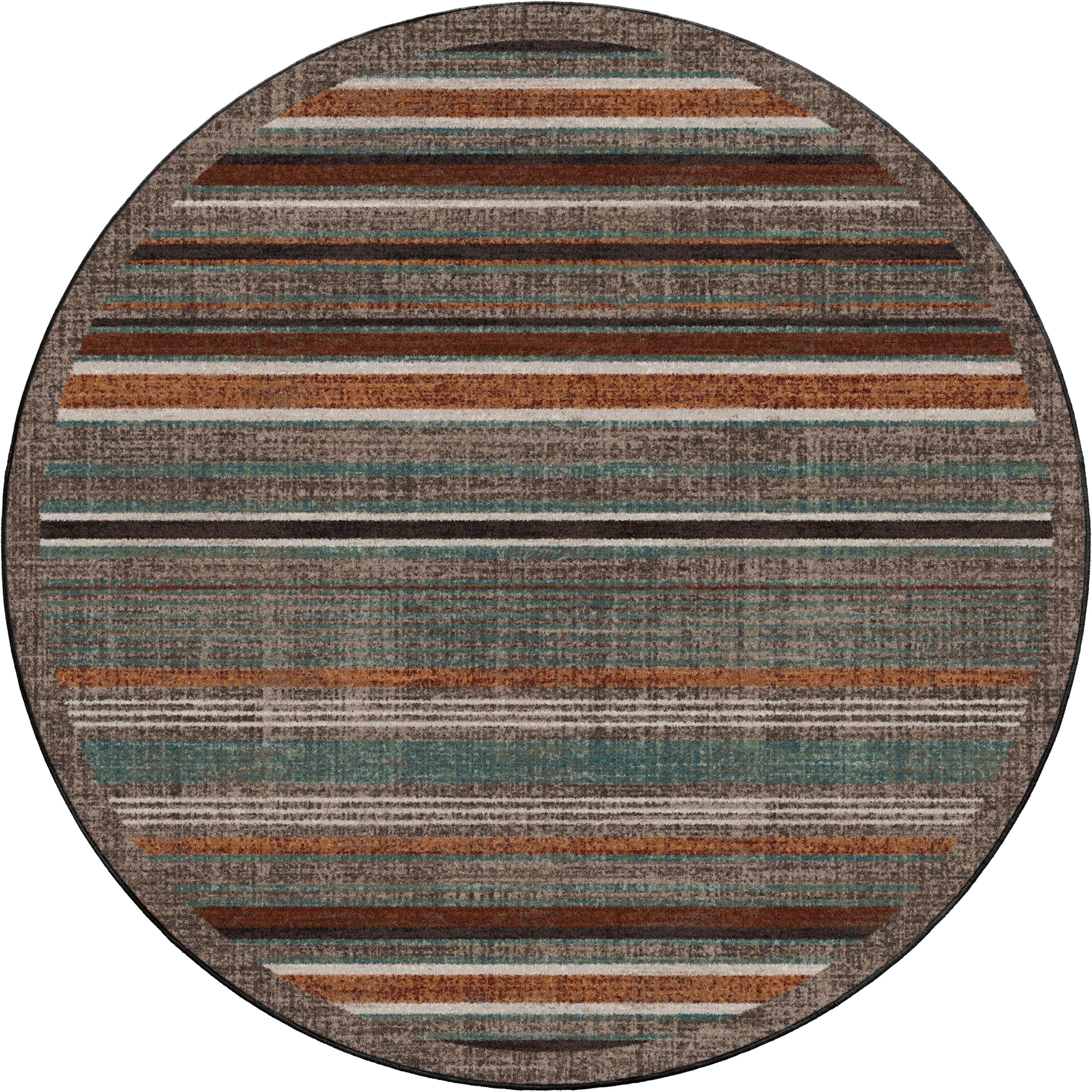 American made Desert Hues 8' Round Area Rug in stripes of browns, white, green, grey, and terra cotta - Your Western Decor