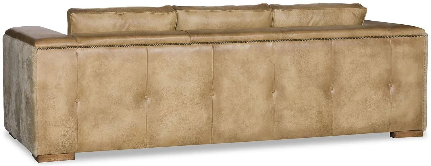 American made leather and sherpa Palomino Panache Leather Sofa button back detail - Your Western Decor