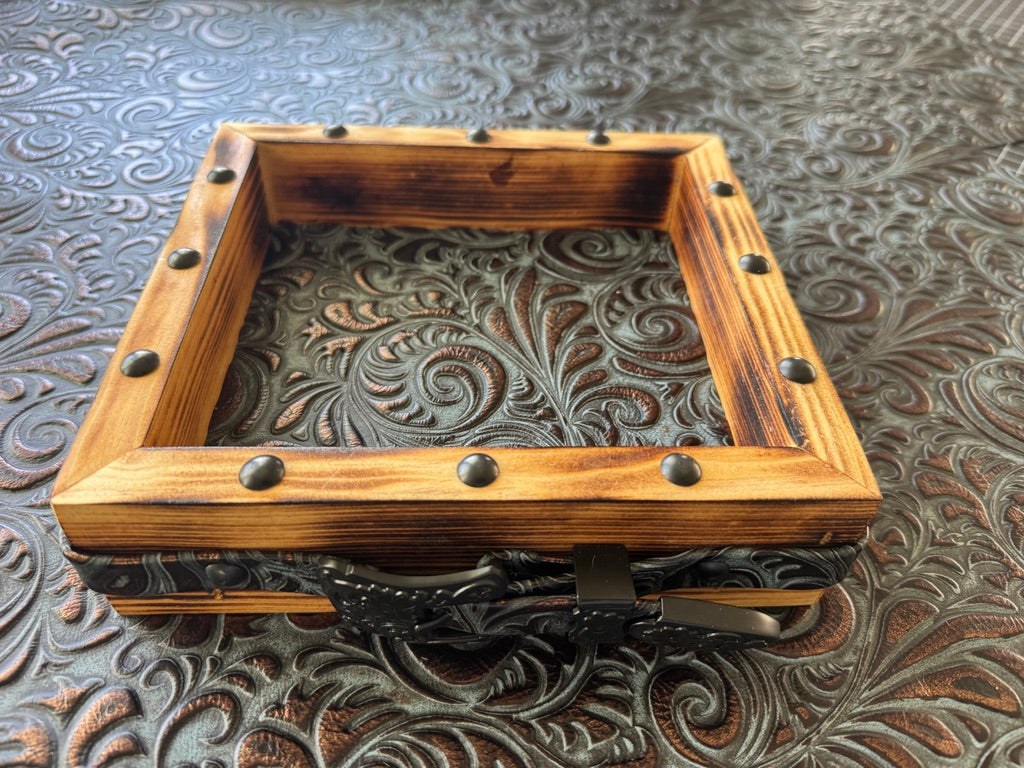 Wood cowhide coaster box with embossed leather inside and leather belt accent