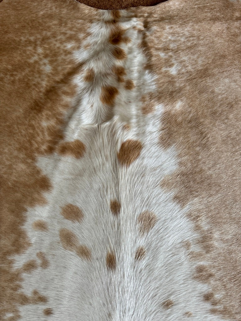 Close up detail of beige white cowhide rug spine