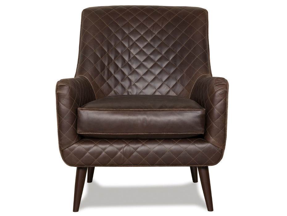 Dark brown leather quilted accent chair front