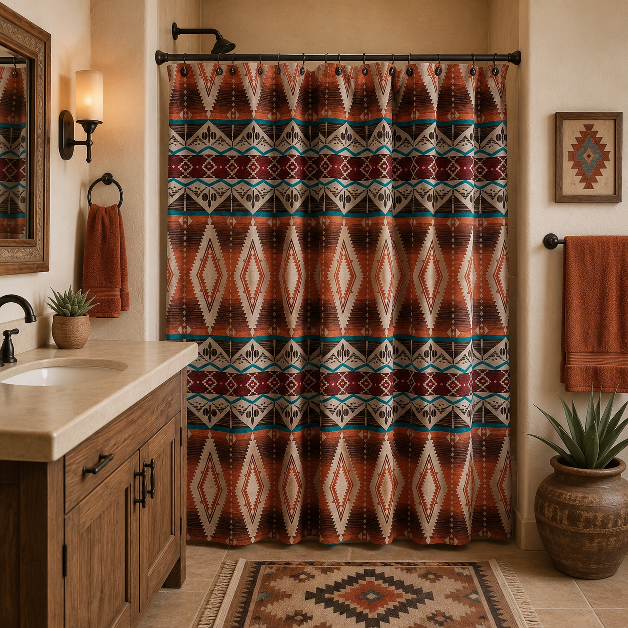 Diamond Sage Southwestern Shower Curtain in Southwest designed bathroom