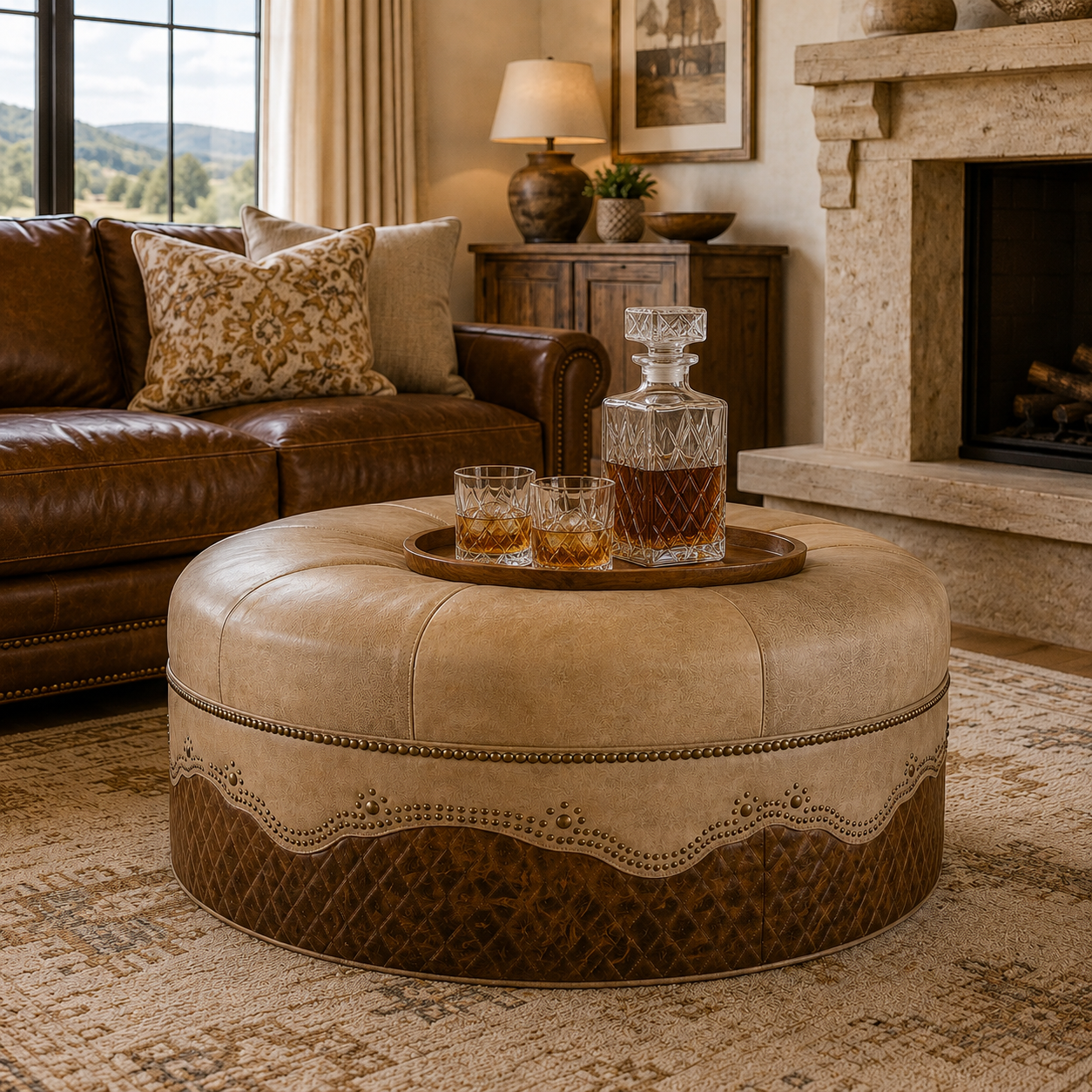 Luxury ranch living room featuring a round Diamond Stitch Western Leather Cocktail Ottoman.