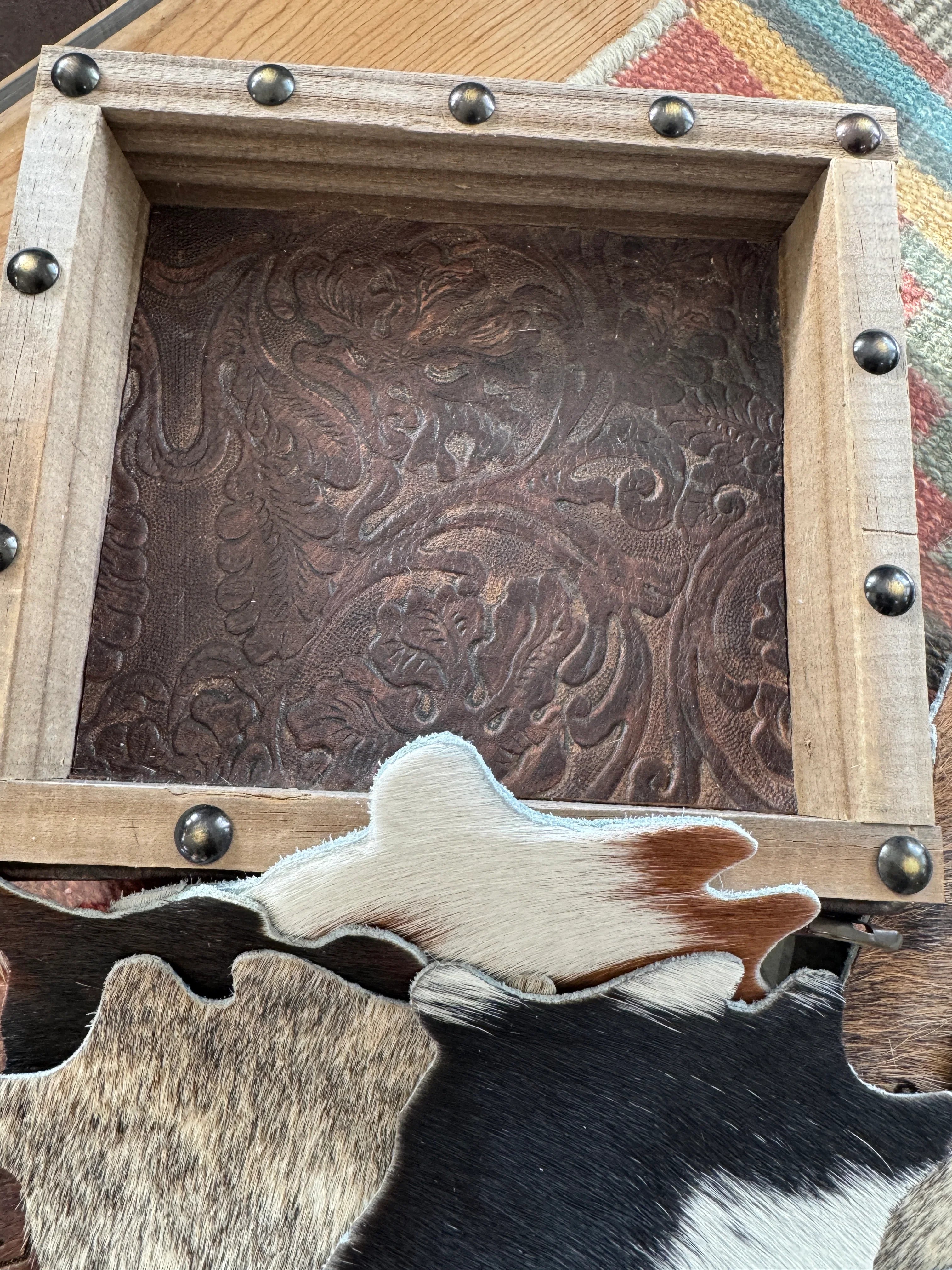 Wood leather lined display box for cowhide coasters - Your Western Decor